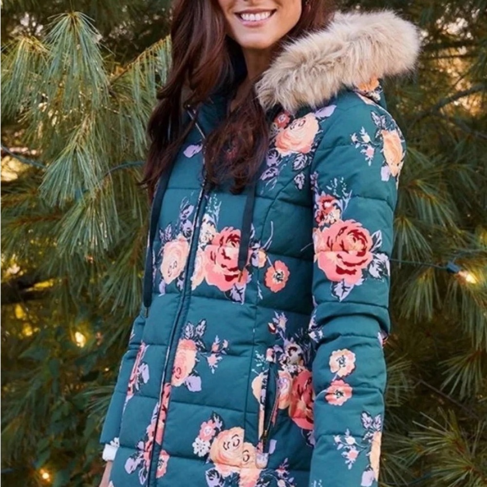Matilda Jane Blue Floral Puffer Jacket with Faux Fur Hood